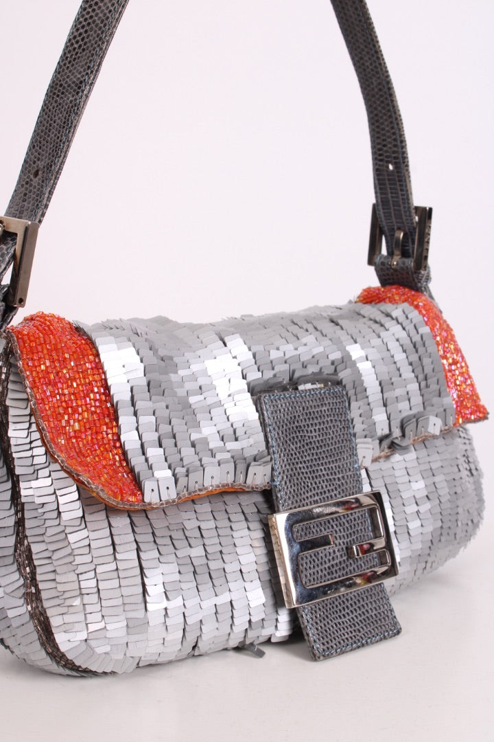 Fendi Sequin/ Lizard Trim Baguette Bag Grey/ Orange