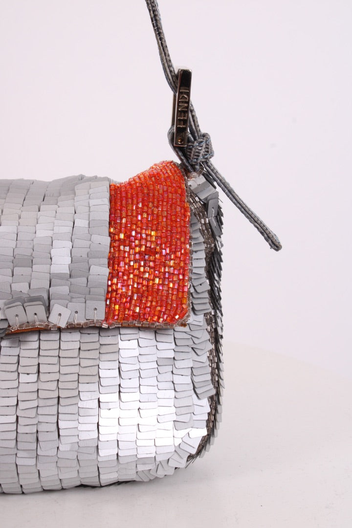 Fendi Sequin/ Lizard Trim Baguette Bag Grey/ Orange