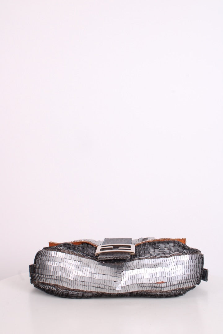 Fendi Sequin/ Lizard Trim Baguette Bag Grey/ Orange