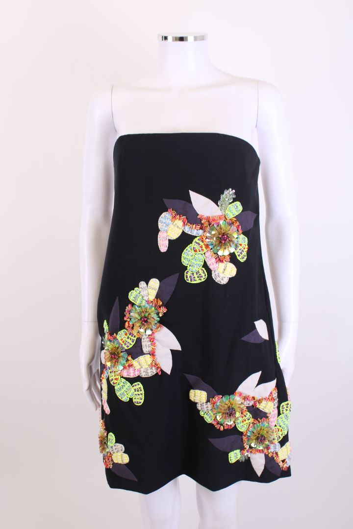 Chloe Strapless Flower Sequin Dress Black/ Multi Coloured 10