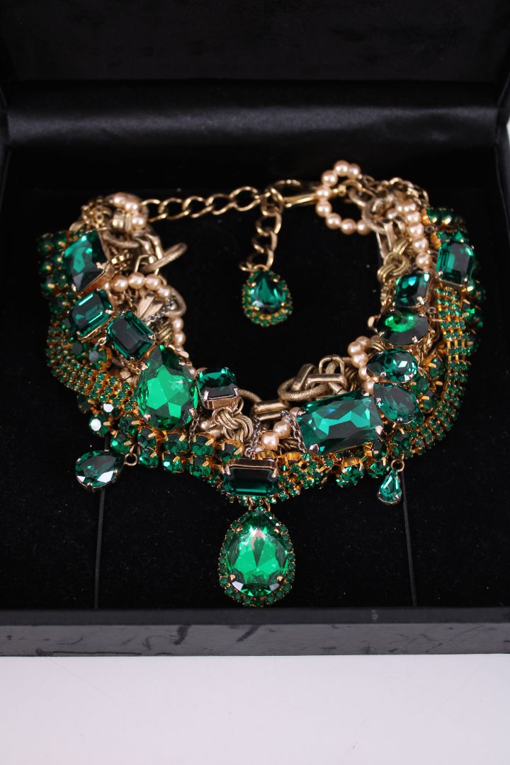 Dolce & Gabbana Costume Crystal/ Pearl Embellished Necklace Emerald Green