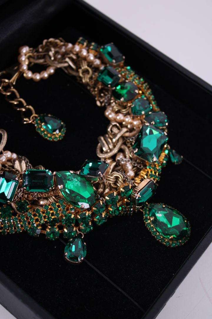 Dolce & Gabbana Costume Crystal/ Pearl Embellished Necklace Emerald Green