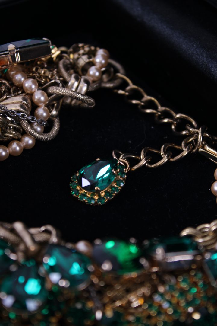 Dolce & Gabbana Costume Crystal/ Pearl Embellished Necklace Emerald Green
