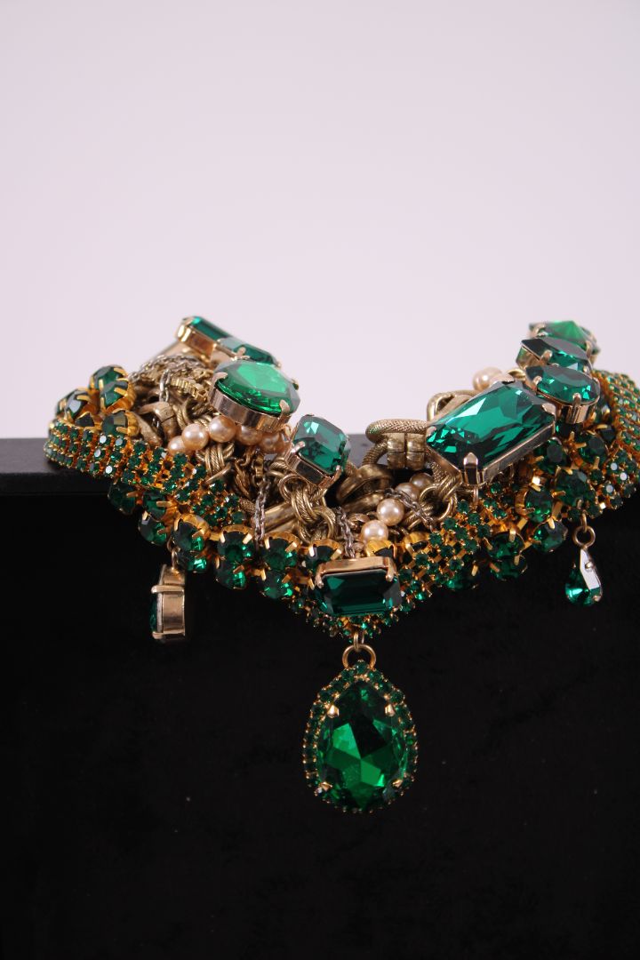 Dolce & Gabbana Costume Crystal/ Pearl Embellished Necklace Emerald Green