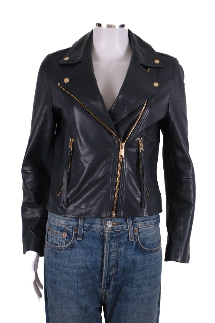 All Saints Leather Jacket Navy 6