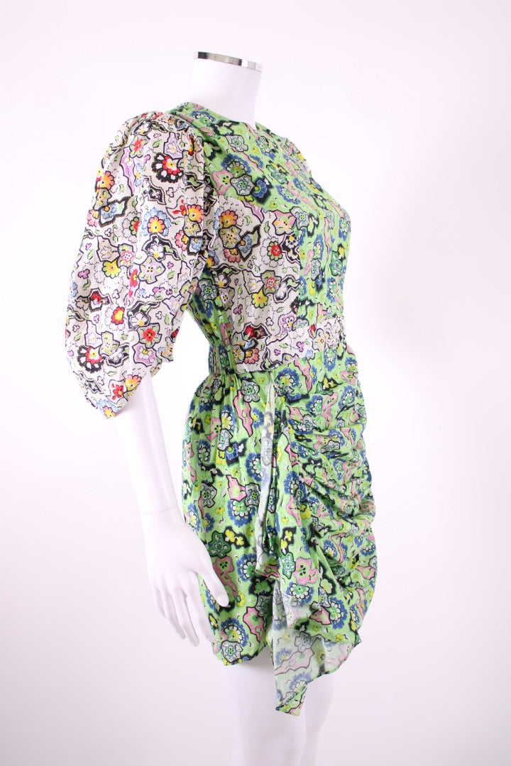 Rhode S/S Floral Ruched Dress Green/ White S