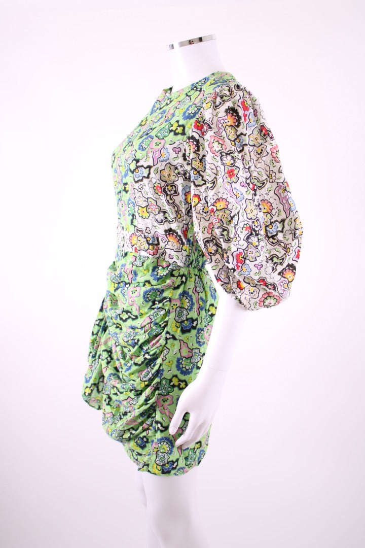Rhode S/S Floral Ruched Dress Green/ White S