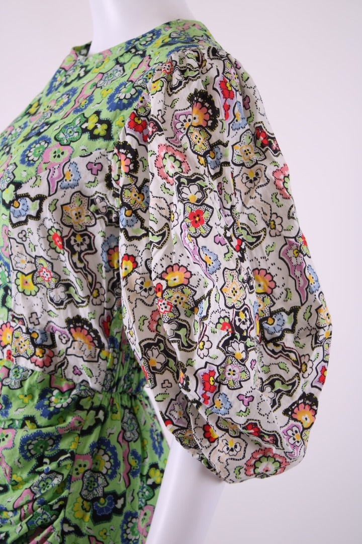 Rhode S/S Floral Ruched Dress Green/ White S