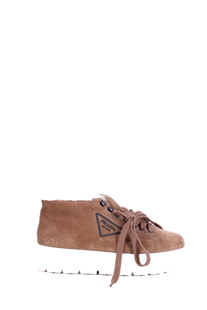 Prada Suede/ Shearling Lace-up Boots Tan 40