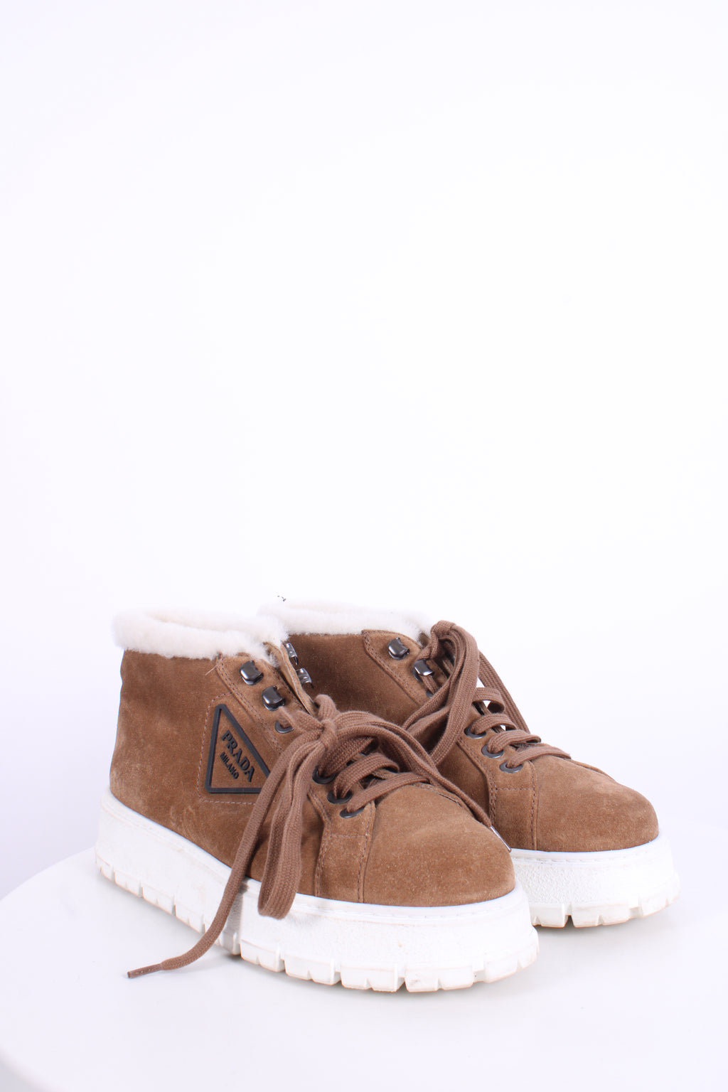 Prada Suede/ Shearling Lace-up Boots Tan 40