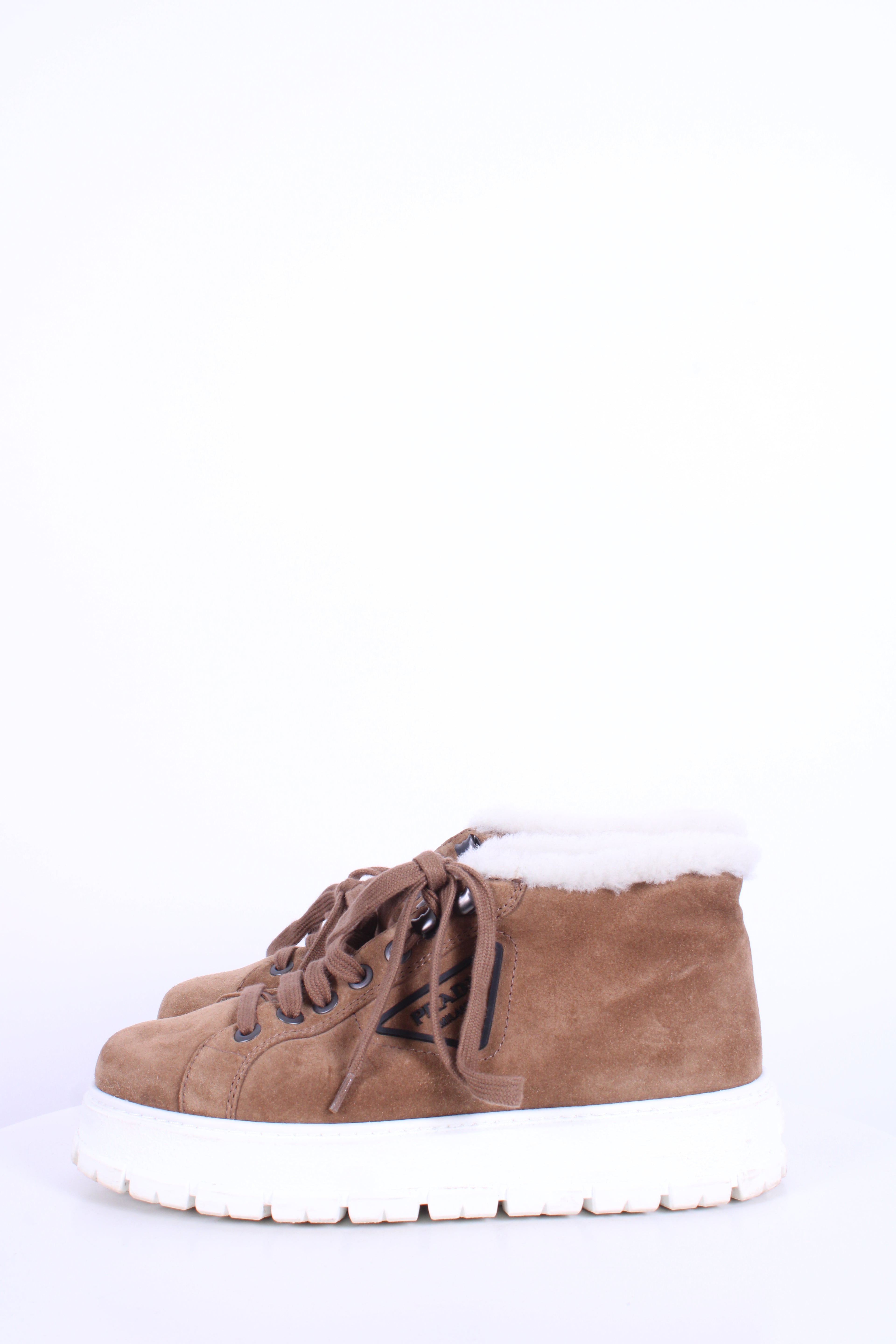 Prada Suede/ Shearling Lace-up Boots Tan 40