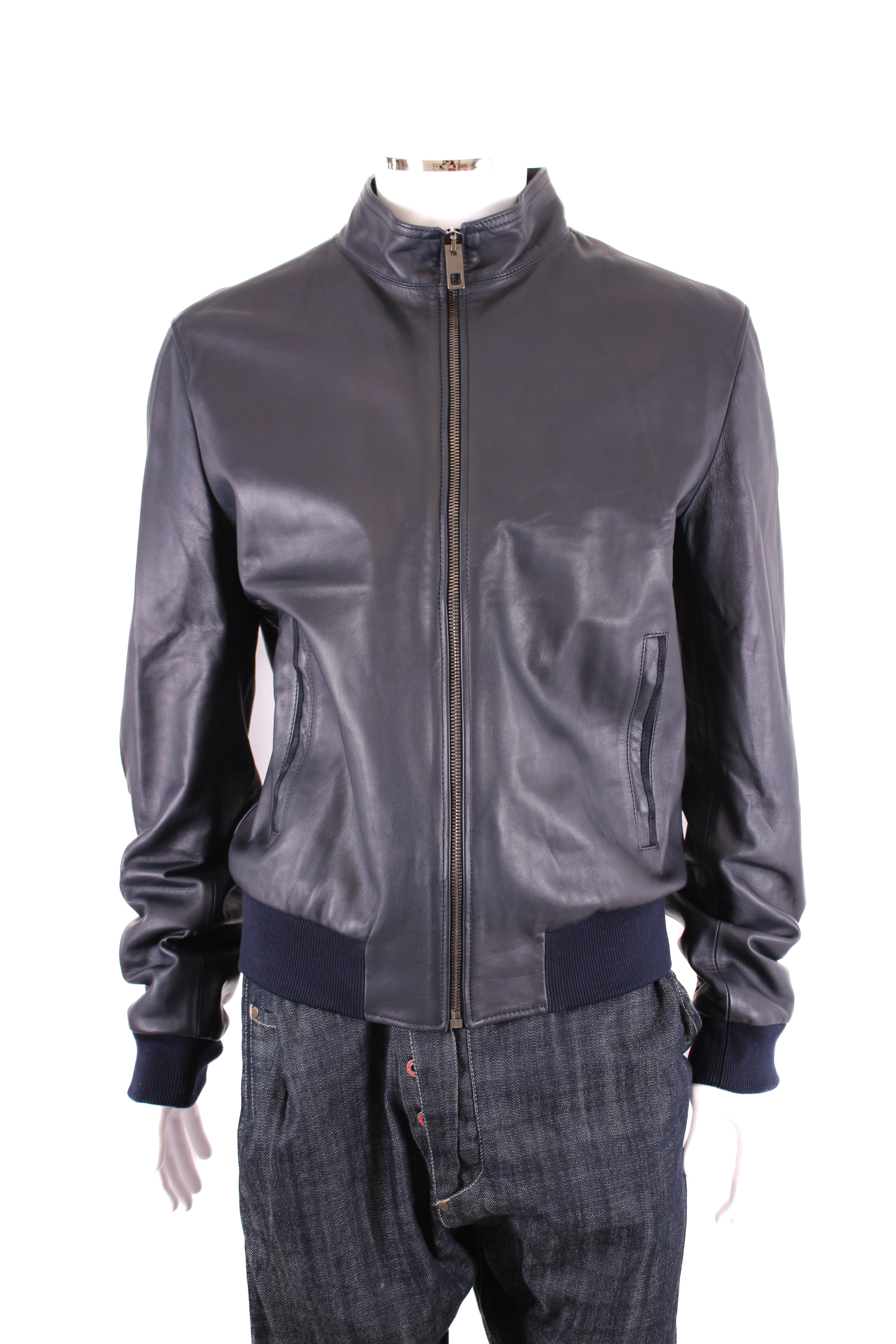 Dolce & Gabbana Leather Bomber Navy 54