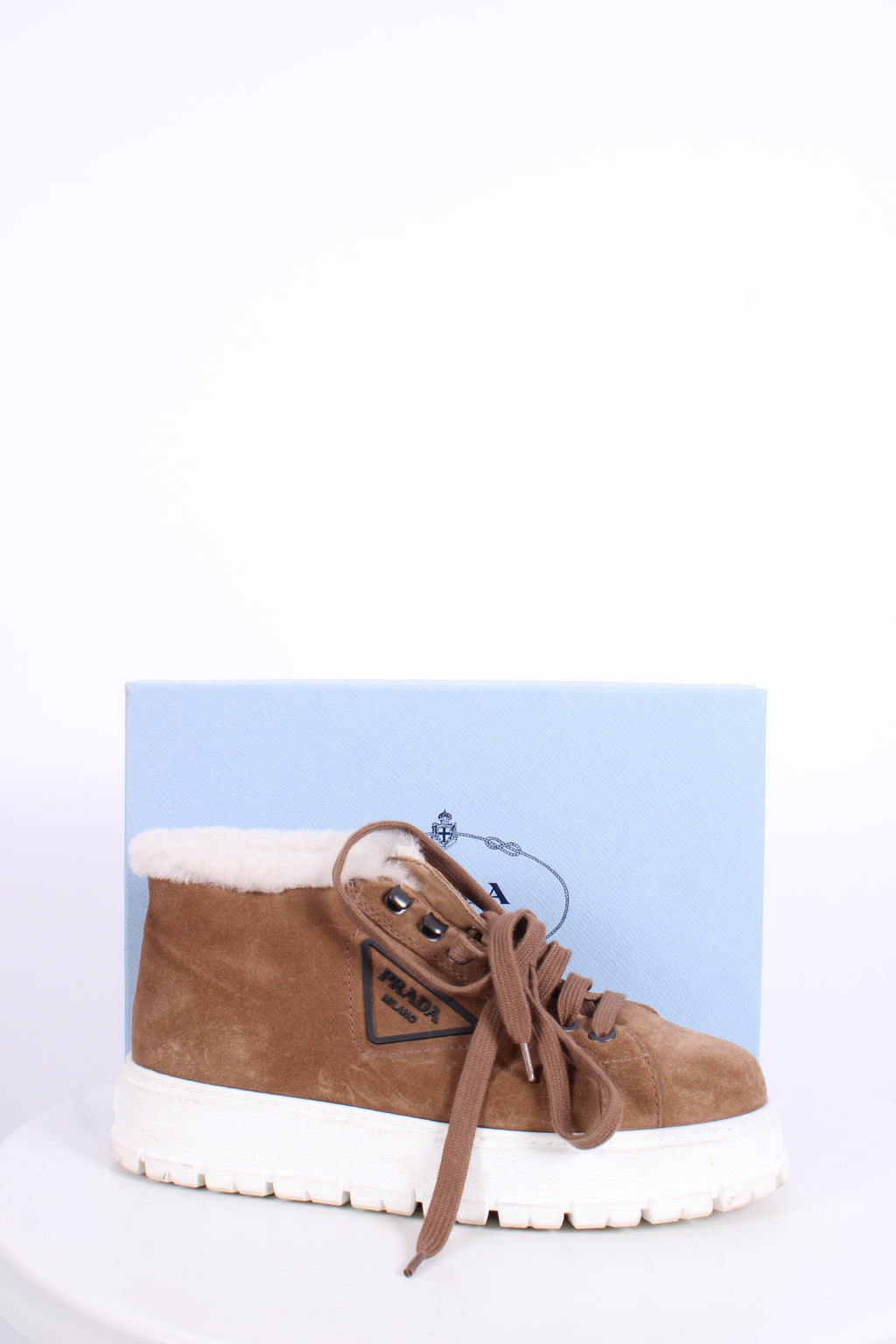 Prada Suede/ Shearling Lace-up Boots Tan 40