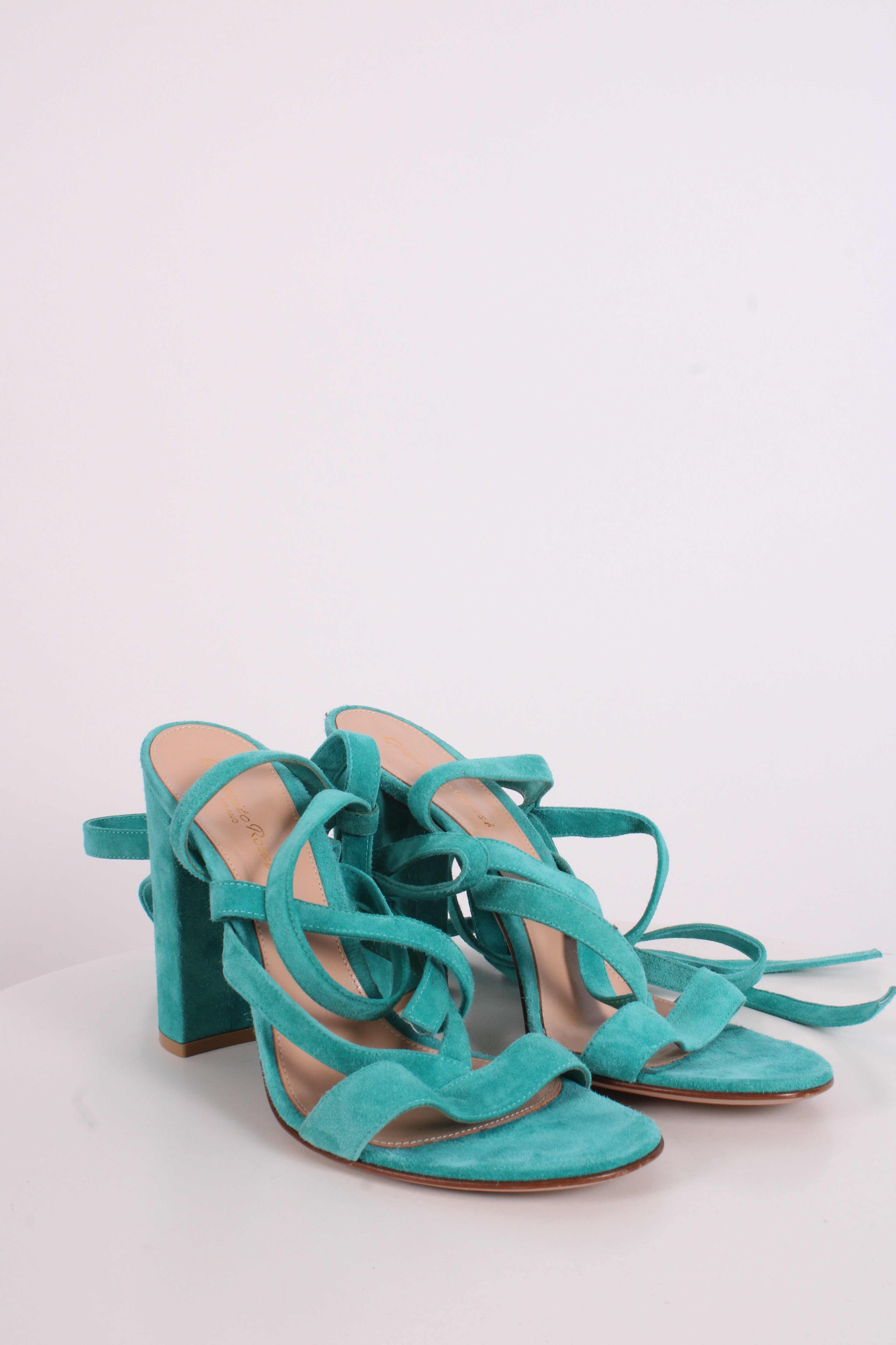 Gianvito Rossi Suede Tie Heels Turquoise 40