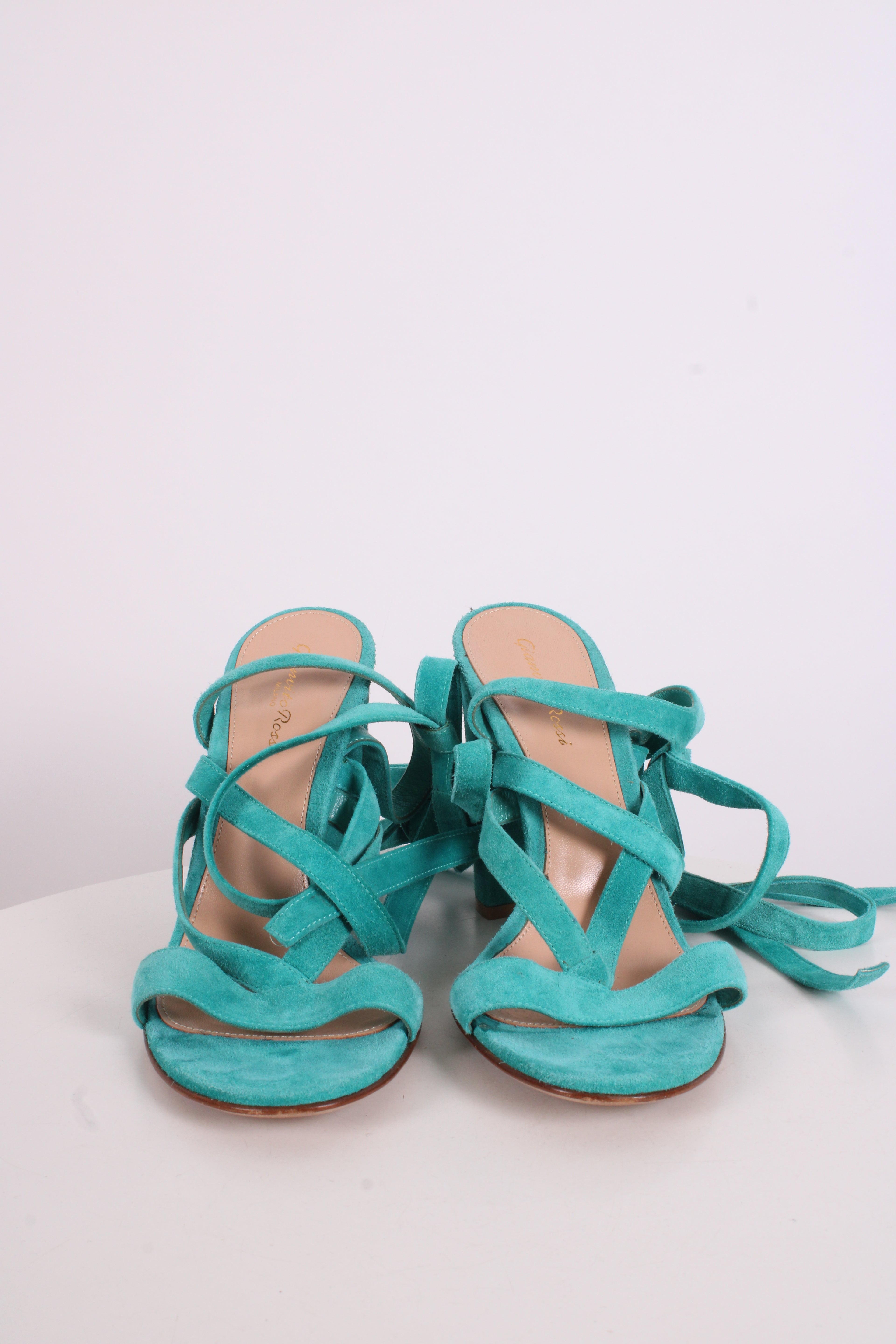 Gianvito Rossi Suede Tie Heels Turquoise 40