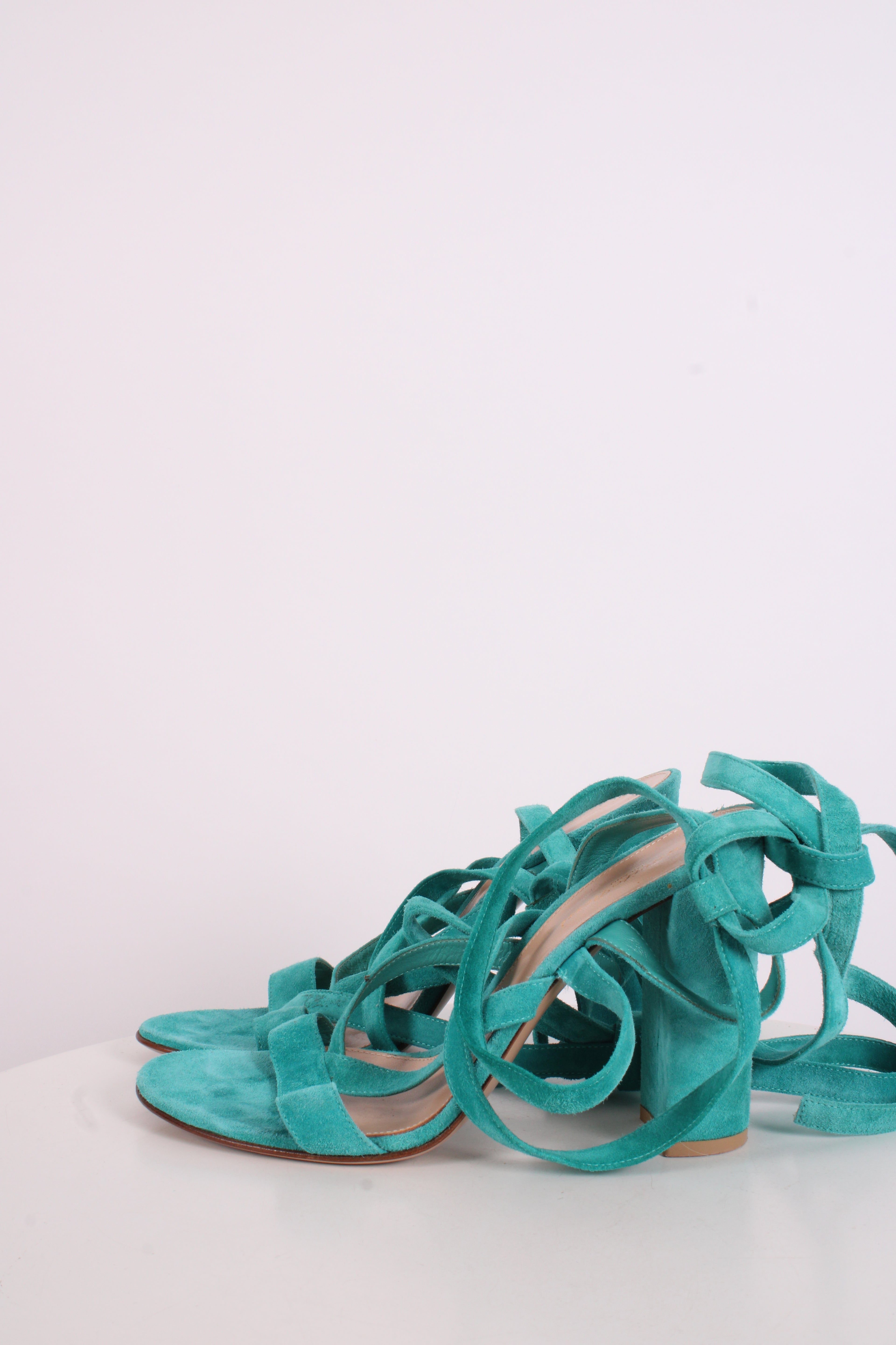 Gianvito Rossi Suede Tie Heels Turquoise 40