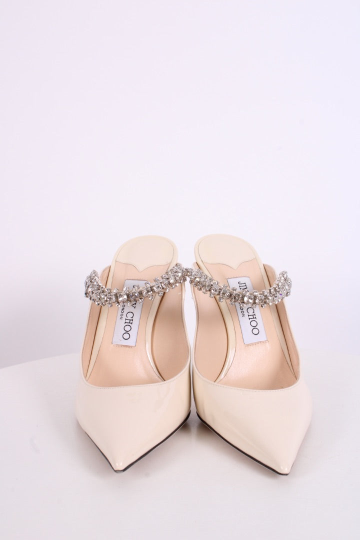 Jimmy Choo Bing 100 Patent Crystal Strap Heels White 37.5