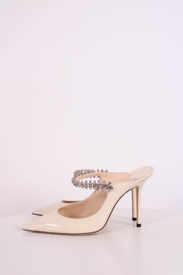 Jimmy Choo Bing 100 Patent Crystal Strap Heels White 37.5
