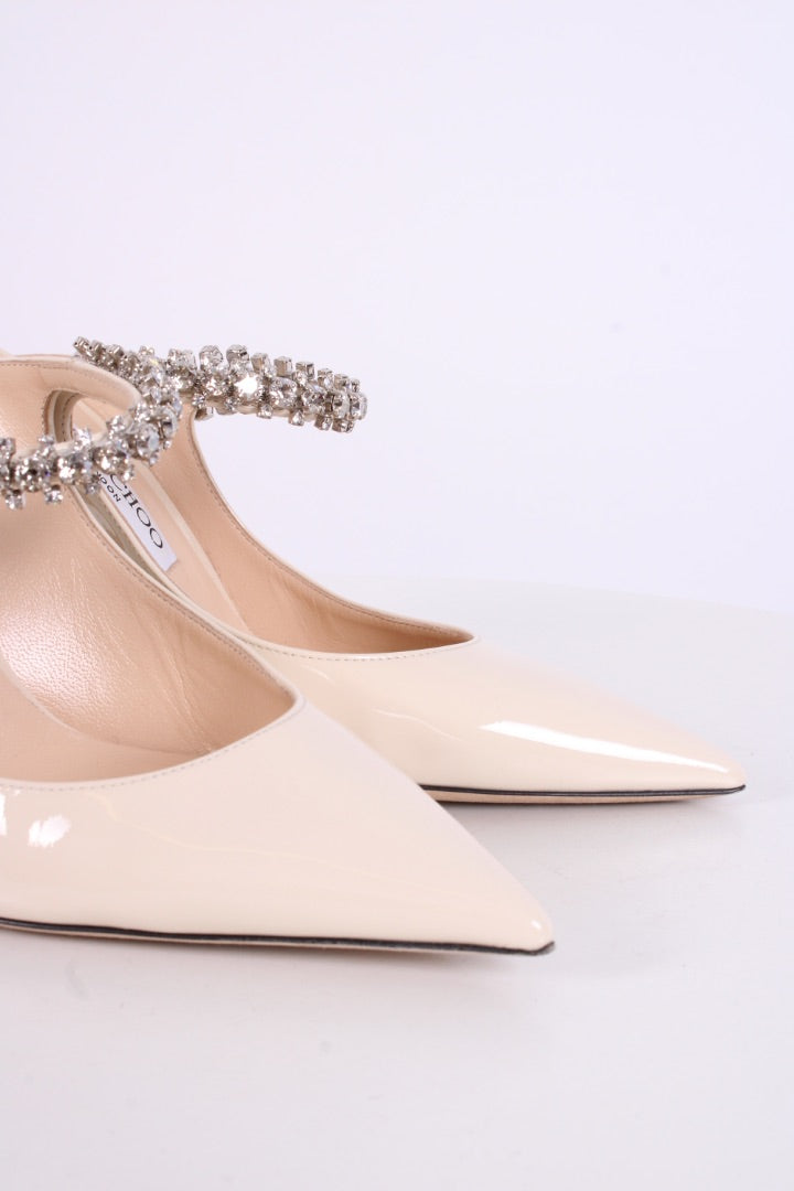 Jimmy Choo Bing 100 Patent Crystal Strap Heels White 37.5