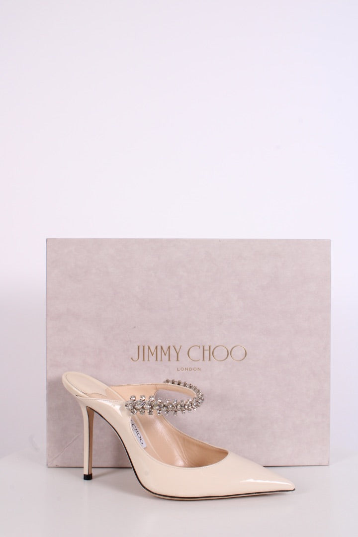 Jimmy Choo Bing 100 Patent Crystal Strap Heels White 37.5