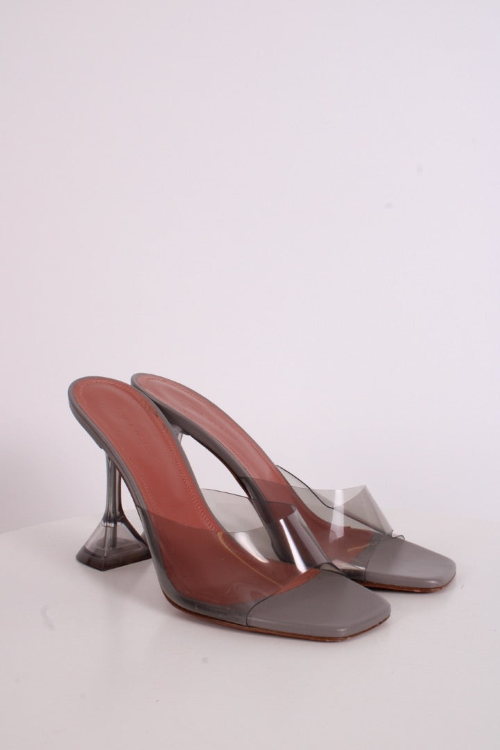 Amina Muaddi Lupita Glass PVC Heels Light Grey 38