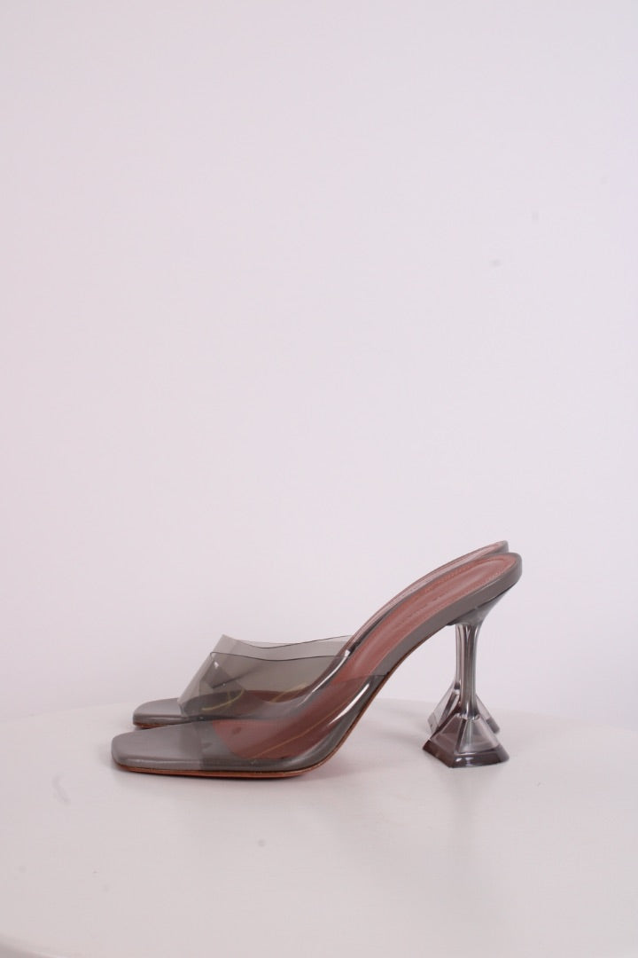 Amina Muaddi Lupita Glass PVC Heels Light Grey 38
