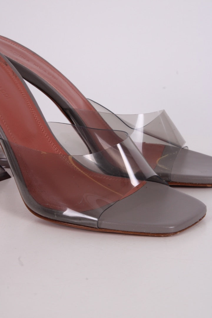Amina Muaddi Lupita Glass PVC Heels Light Grey 38