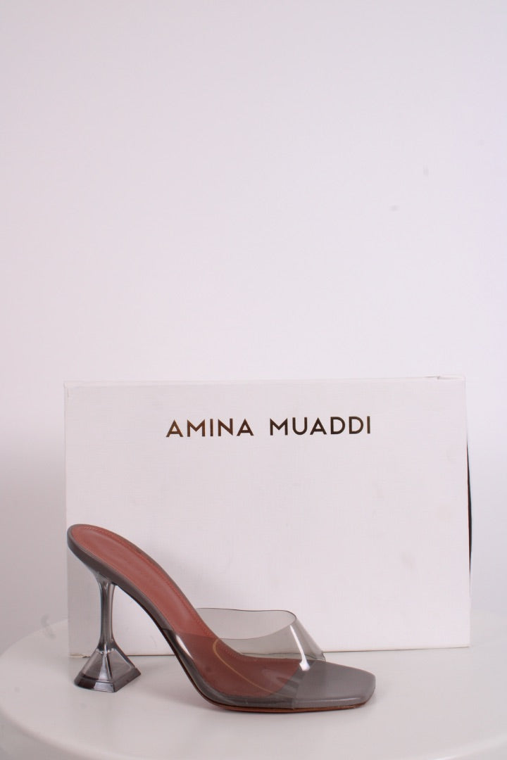 Amina Muaddi Lupita Glass PVC Heels Light Grey 38