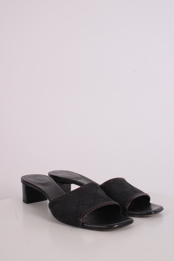 Gucci Monogram Heeled Mule Shoes Black 38