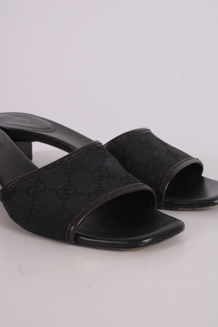 Gucci Monogram Heeled Mule Shoes Black 38
