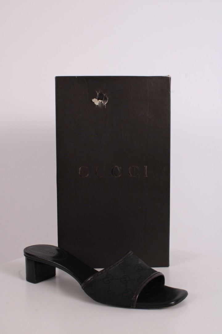 Gucci Monogram Heeled Mule Shoes Black 38