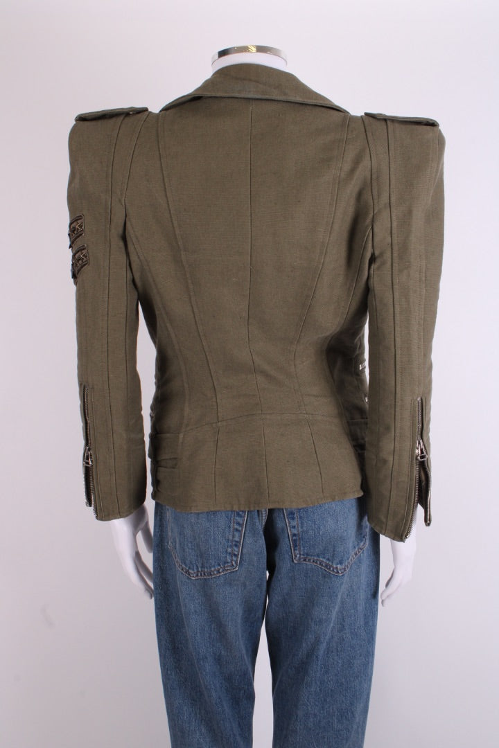 Balmain Padded Shoulder Military Jacket Khaki 10