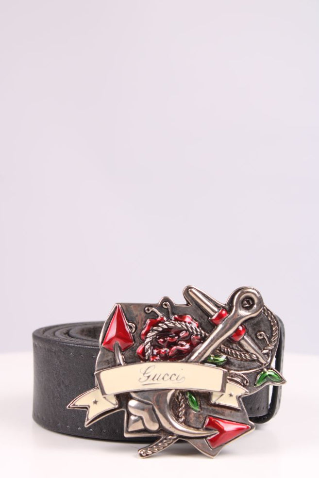 Gucci Anchor rose buckle belt black/silver/red 36inch