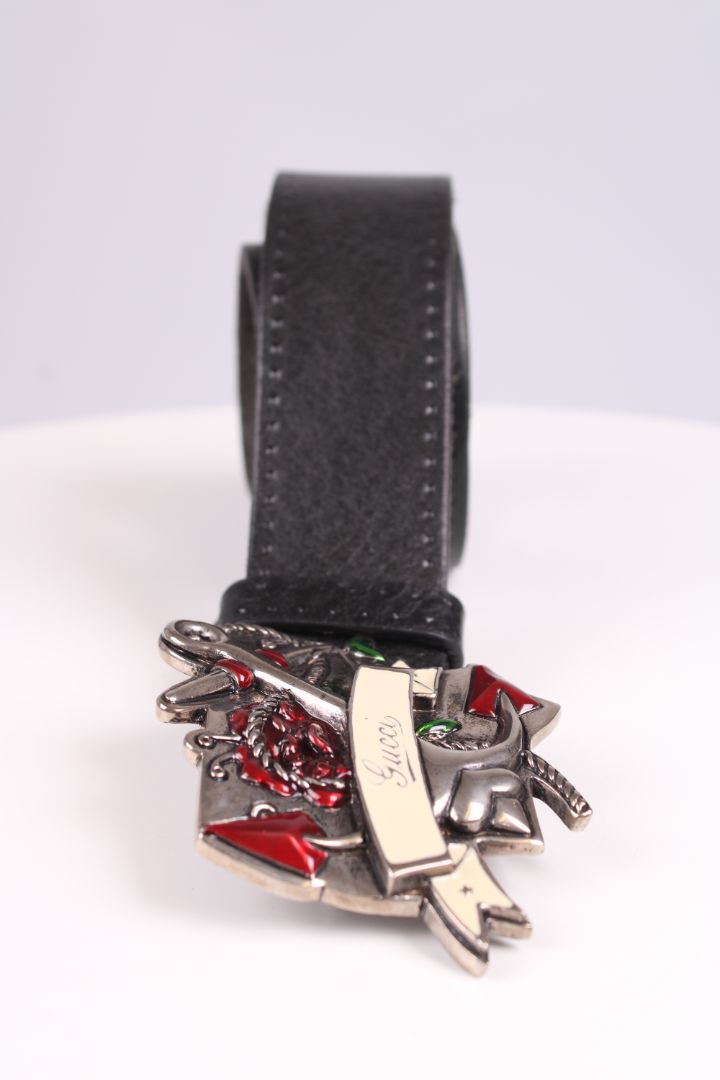Gucci Anchor rose buckle belt black/silver/red 36inch