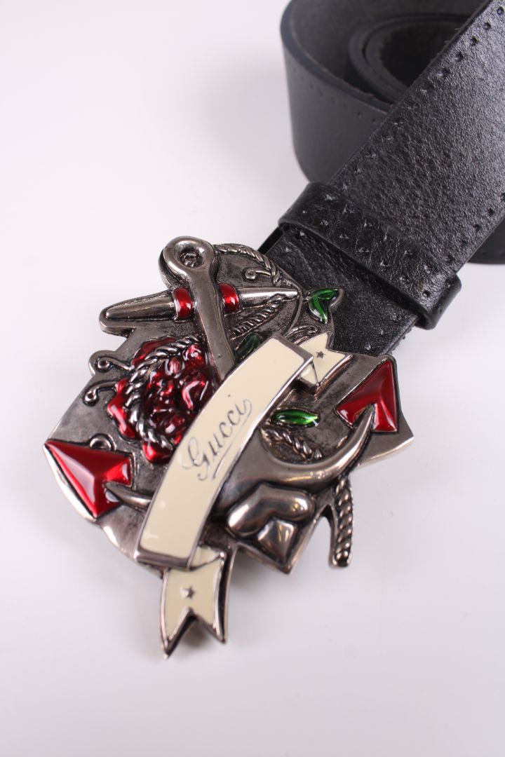 Gucci Anchor rose buckle belt black/silver/red 36inch