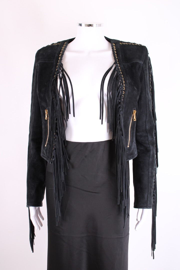 Balmain Fringed Suede Jacket Black 12