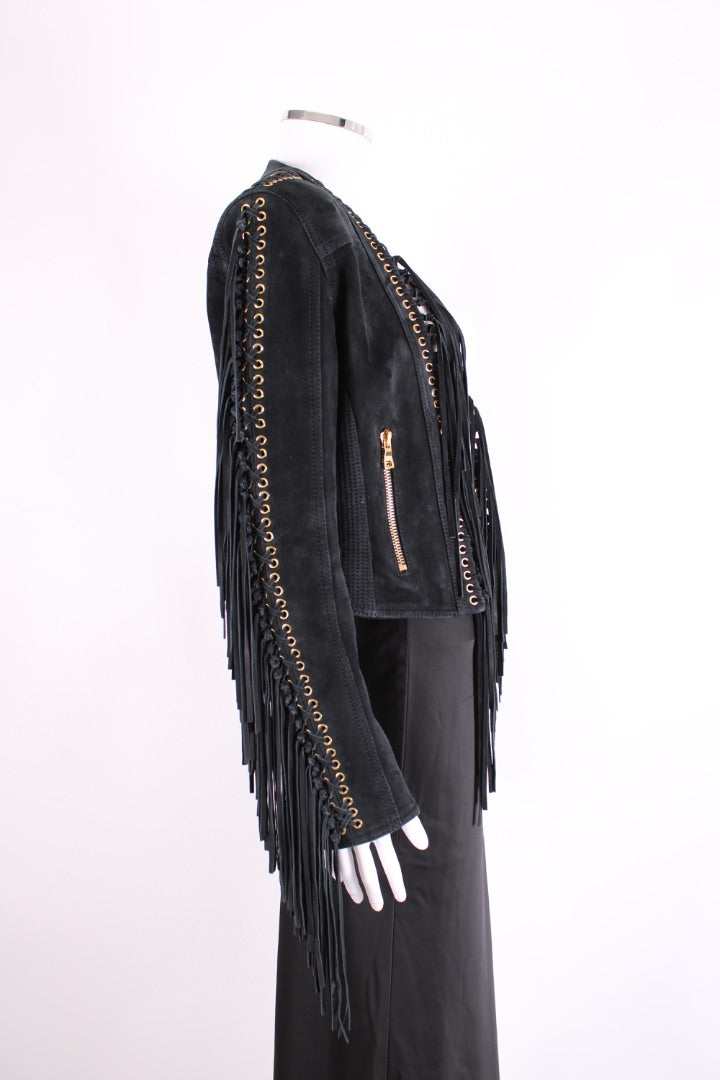 Balmain Fringed Suede Jacket Black 12