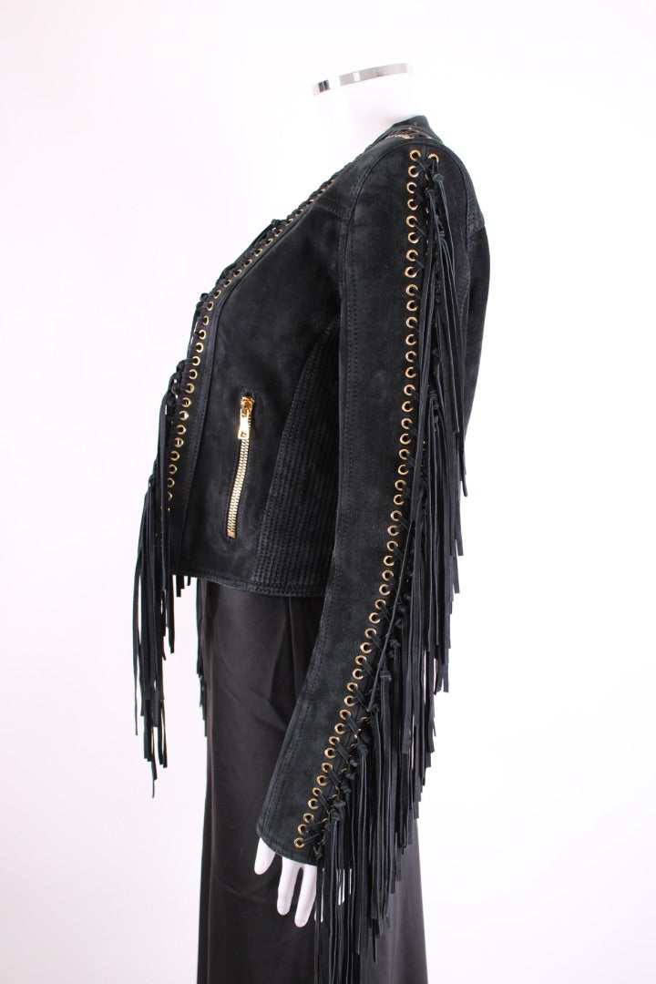 Balmain Fringed Suede Jacket Black 12