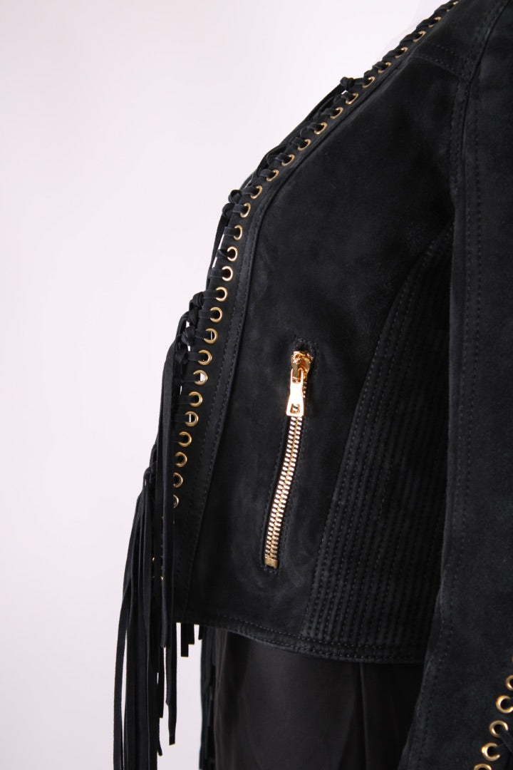 Balmain Fringed Suede Jacket Black 12