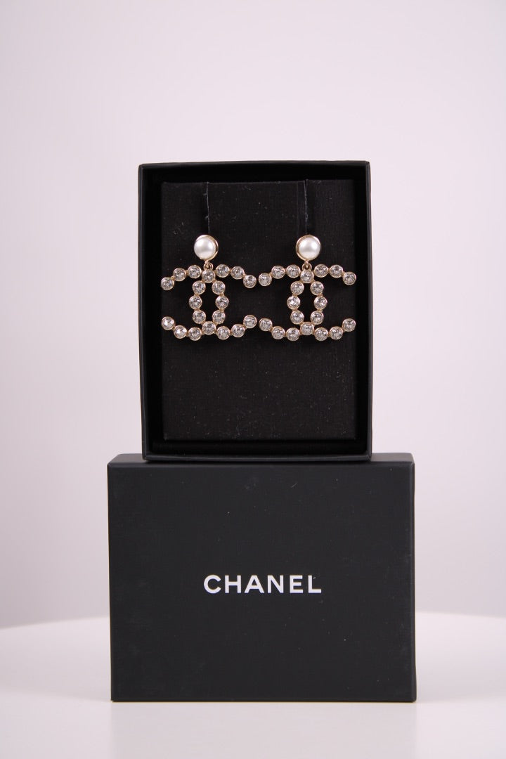 Chanel CC Faux Pearl Crystal Earrings Gold Colour