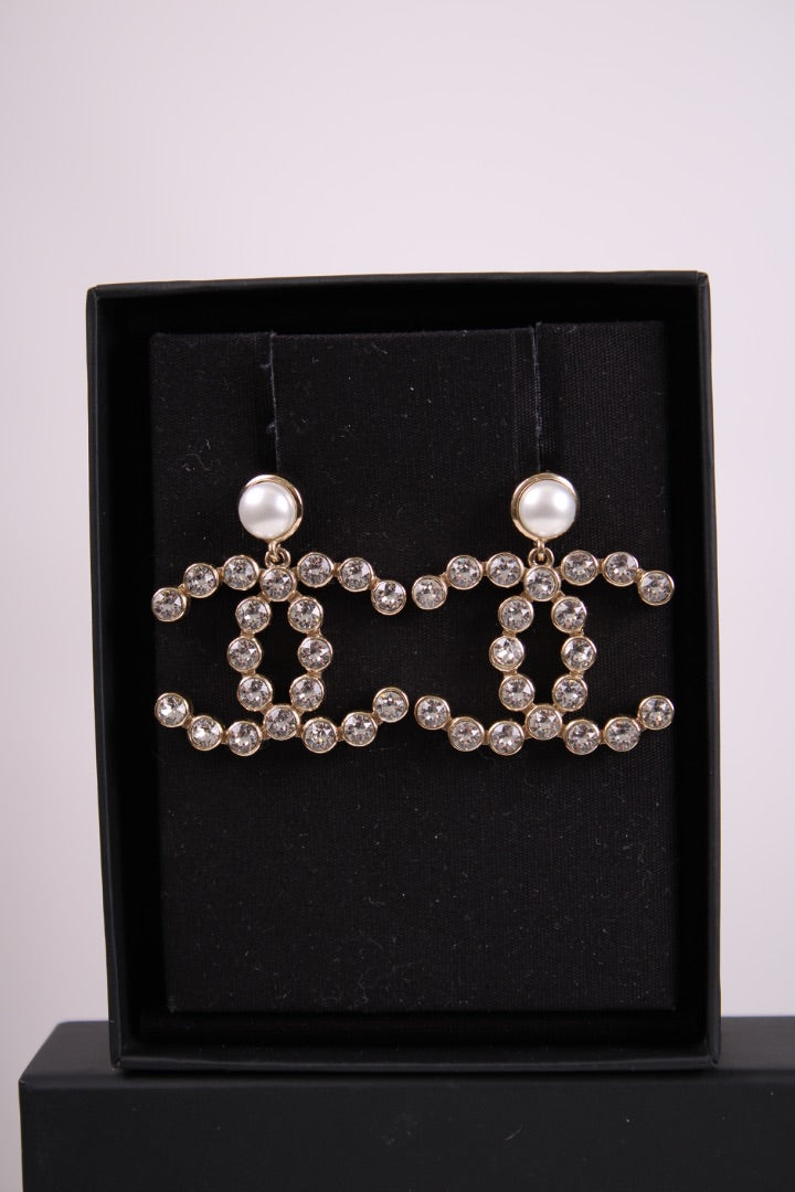Chanel CC Faux Pearl Crystal Earrings Gold Colour