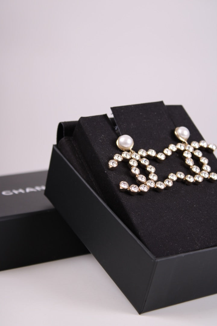 Chanel CC Faux Pearl Crystal Earrings Gold Colour