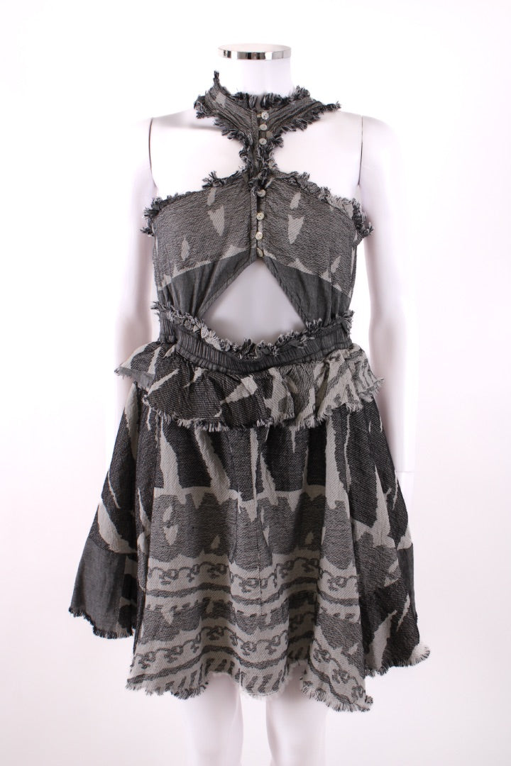 Pearl & Caviar S/S Fringe Print Dress Grey/White S/M