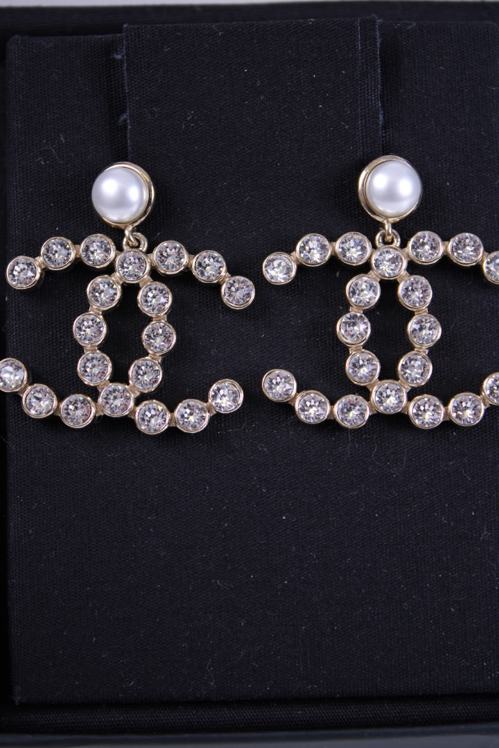 Chanel CC Faux Pearl Crystal Earrings Gold Colour