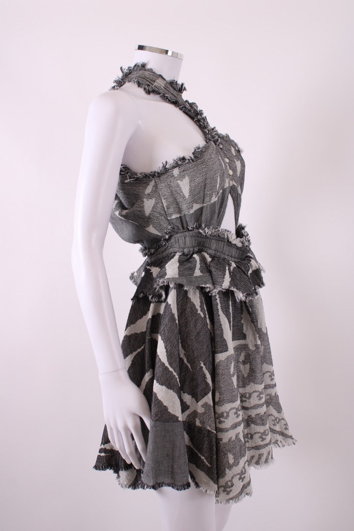 Pearl & Caviar S/S Fringe Print Dress Grey/White S/M