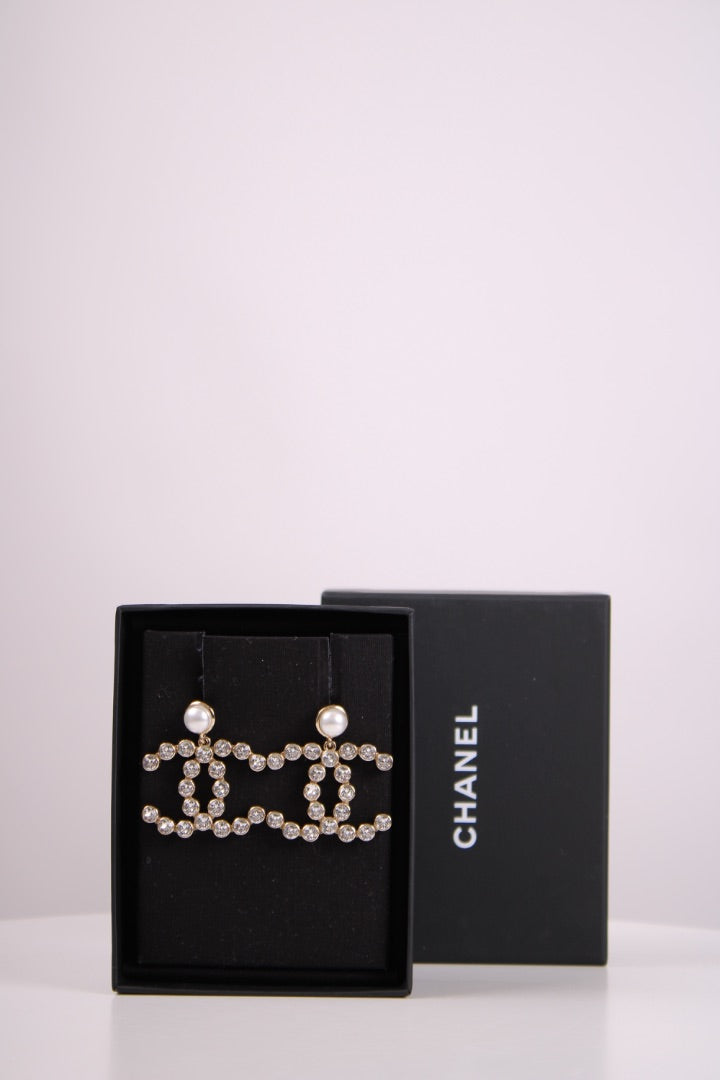 Chanel CC Faux Pearl Crystal Earrings Gold Colour
