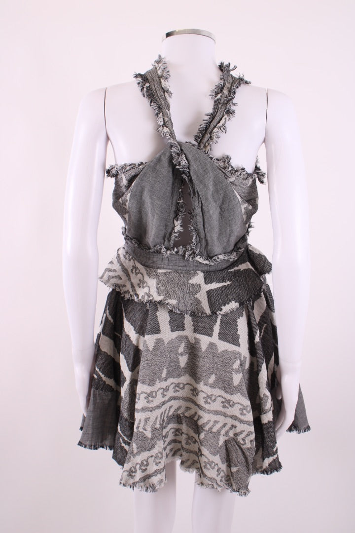 Pearl & Caviar S/S Fringe Print Dress Grey/White S/M