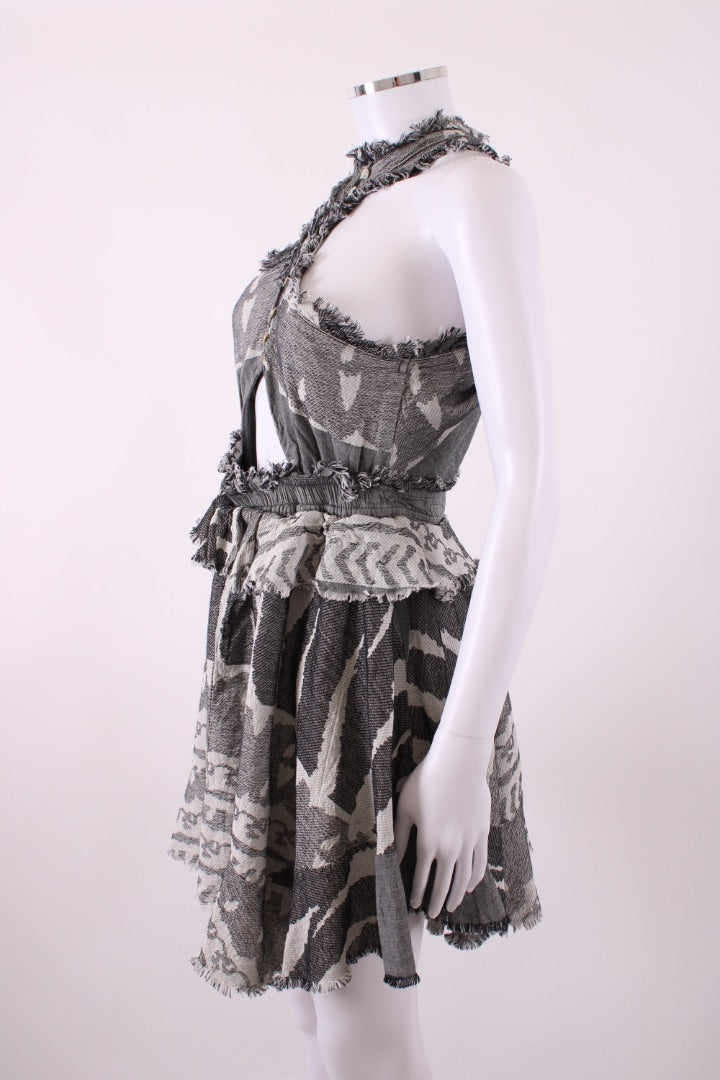 Pearl & Caviar S/S Fringe Print Dress Grey/White S/M