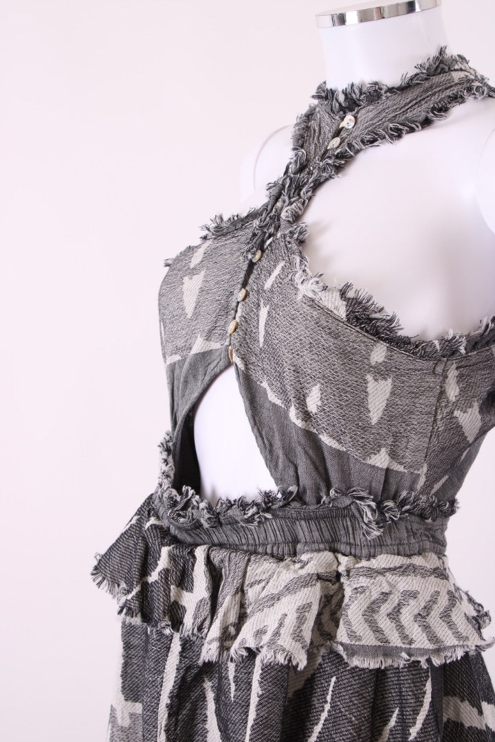 Pearl & Caviar S/S Fringe Print Dress Grey/White S/M