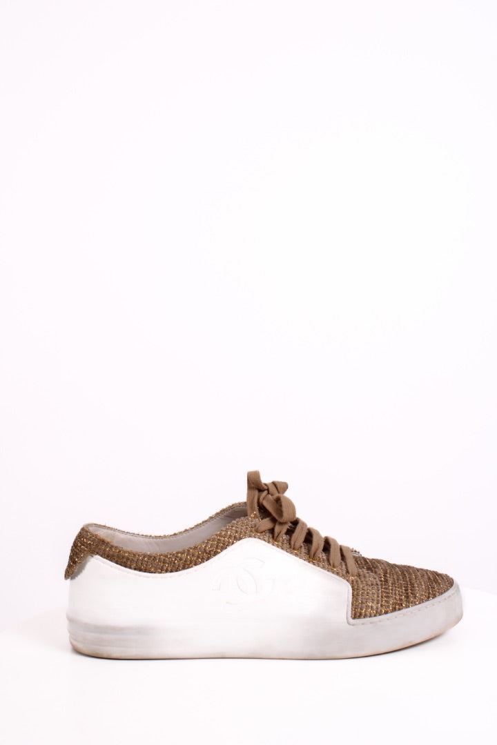Chanel Tweed Low Top Trainers Gold/ White 40